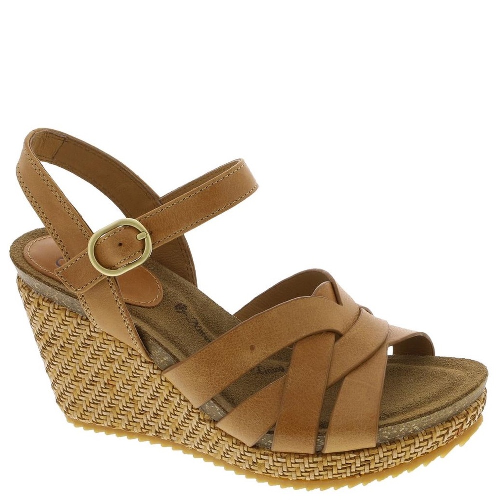 Sofft Tan Leather Wedge Sandals with Woven Platform